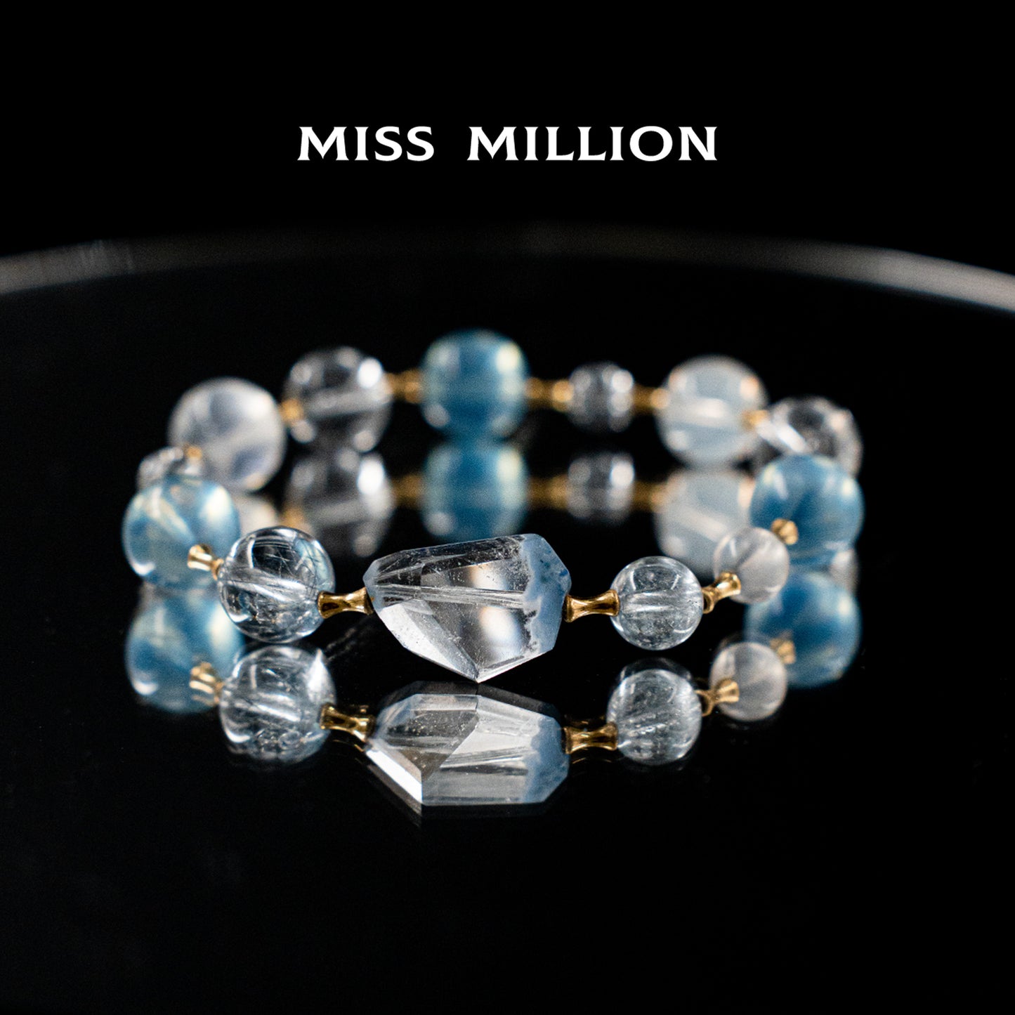Blue Moonstone, Blue Steel Wire, 18K White Gold, Aquamarine, Freeform Blue Rabbit Hair Bracelet