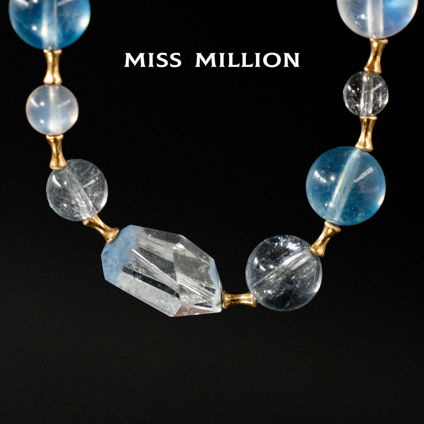 Blue Moonstone, Blue Steel Wire, 18K White Gold, Aquamarine, Freeform Blue Rabbit Hair Bracelet
