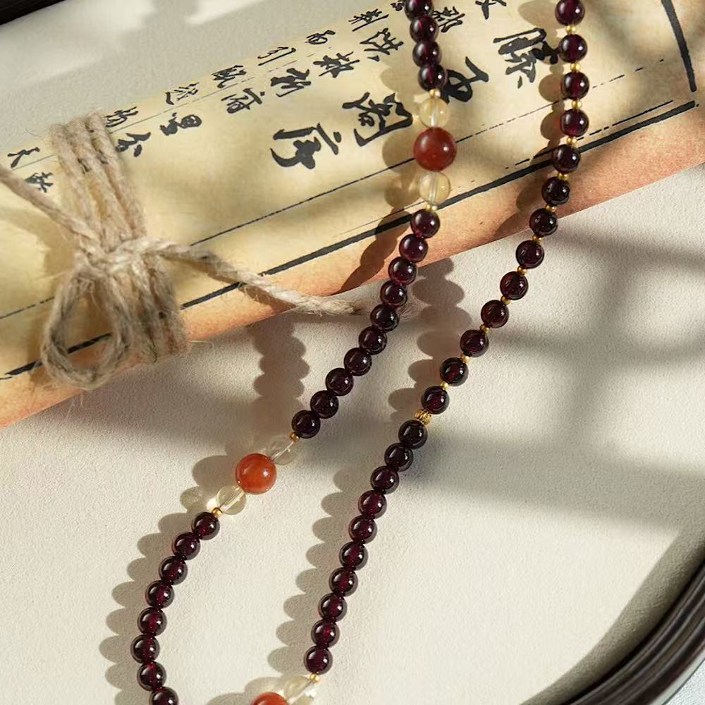 Gold Spacer Bead Garnet White Crystal Red Rabbit Hair Bracelet